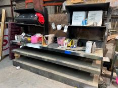 LARGE WORKSTATION AND SHELVING WITH CONTENTS