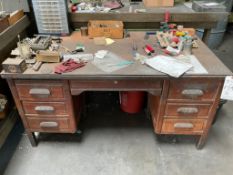 (5) MISC DESKS, 1 DISPLAY CABINET. DESK 1+4 AND DISPLAY CABINET, ALL CONTENTS INCLUDED SEE PICS