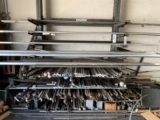 LARGE ASSORTMENT OF MISC. RAW STOCK, BAR STOCK ON STOCK RACK. RACK NOT INCLUDED