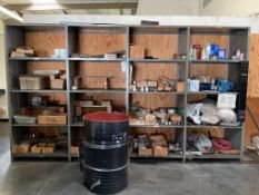 4 SECTION SHOP RACK FULL OF MISC MATERIALS AND TOOLING