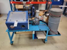MICRO DYNAMICS MACHINING BENCHTOP SANDBLASTING CABINET, FILTRATION SYSTEM AND CUSTOM STEEL CART