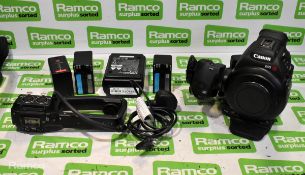 Canon EOS C100 camera with handle attachment, charger, 3x batteries, Sachtler bag