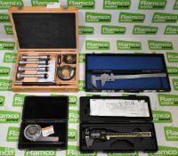 Various calipers, protractors & micrometers - see description for details