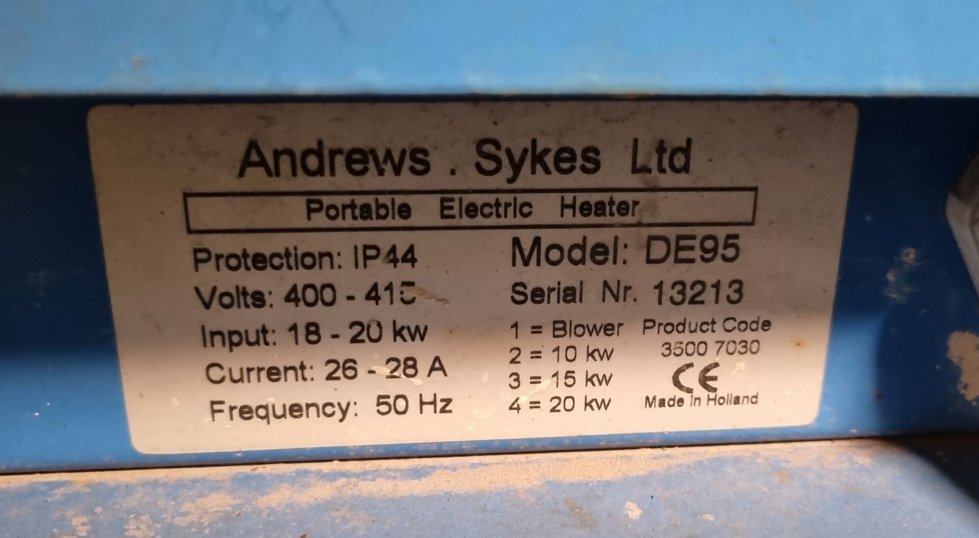 Andrew Sykes DE95 portable electric heater - 400-415V - W 400 x D 450 x H 580mm - Image 4 of 4