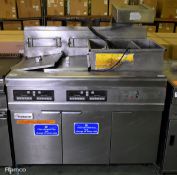 Frymaster stainless steel twin tank quad basket gas fryer with dump station & thermal canopy