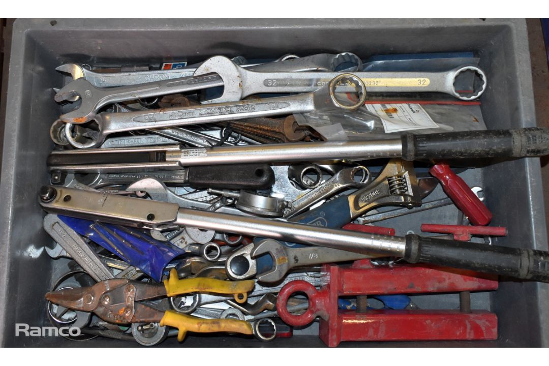 Tray of mixed hand tools - spanners, adjustable spanners, screwdrivers, snips, socket bits and ruler - Image 1 of 3