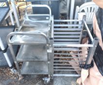 8 tier stainless steel tray shelf unit & 3 tier stainless steel trolley - see desc.