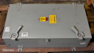 Grey metal distribution board with Red Spot fuse boards inside 32A/660V