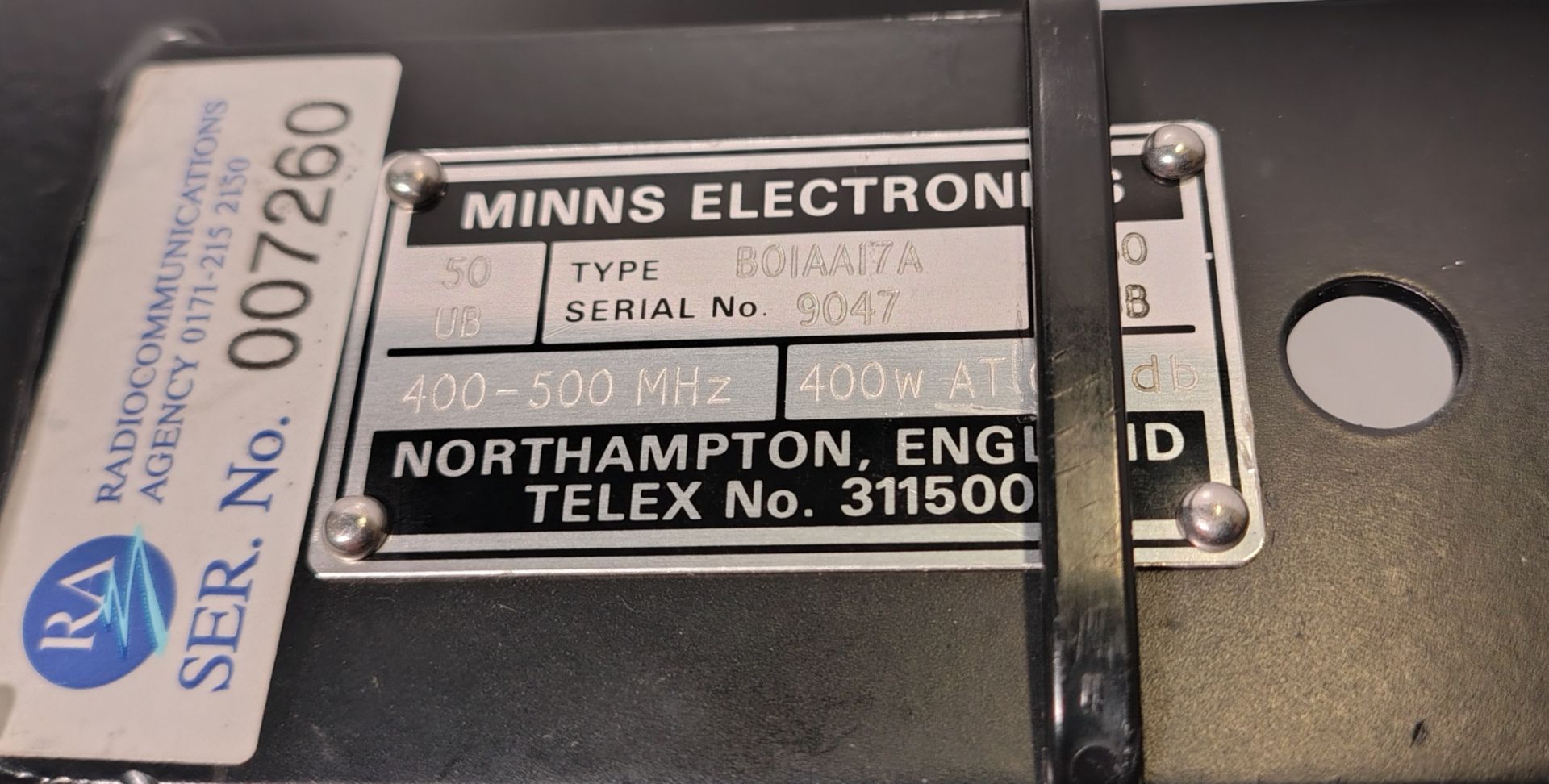 Minns Electronics B01AA17A UHF bandpass filter - 400 - 500 MHz - Serial No: 9047 - Image 5 of 5