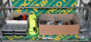 Mixed hand tools - hand pump, AF sockets, Hex screwdriver, box wrench, hand torch and more
