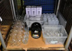 Catering equipment - glasses (mixed types), glass jugs, stainless steel wine coolers, and ice bucket