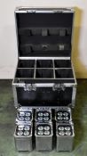 6x ProLights SmartBat Plus LED uplighters in flight case on wheels - chrome