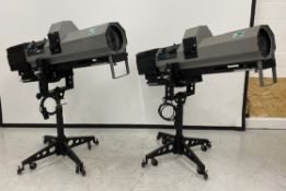 2x Lycian M2 Long Throw Followspot with electric ballast. Stand in separate case