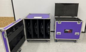 2 cases containing 6x LED Flood Space Force Chroma Q. c/w manual yoke, soft eggcrate, case.