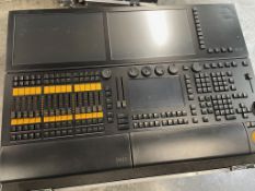 GrandMA2 light console with power cable, desk lamp and desk cover in flightcase