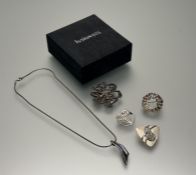 A collection of silver jewellery to include a triangular Scottish silver brooch: h. x 3cm, an Orla