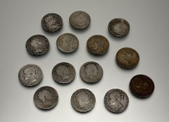 A collection of fourteen silver crowns to include a Charles II 1673 crown, a William III 1696 crown,