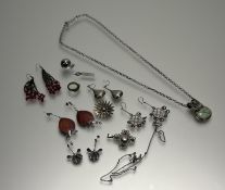 A collection of jewellery to include a pair of silver seed style drop earrings: l. x 4cm. a pair
