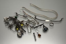 A collection of white metal and silver jewellery to include a silver snake link necklace: l. x 20cm,