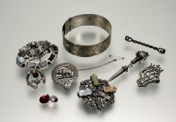 A Collection of silver and white metal jewellery to include a Scottish white metal basket hilted