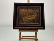 Impressionist School, Fishing Boat, oil on board, unsigned, in a wooden frame. (12cmx16cm)