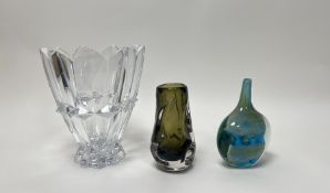 A collection of coloured glass vases comprising, a Maltese handblown lollipop vase in blue and