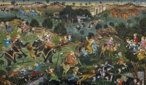Indian Mughal School, Battle Scene with animals and warriors, gouache, in a glazed gilt frame. (