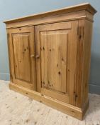 A modern pine cabinet, with moulded top over twin panel doors enclosing two adjustable shelves to