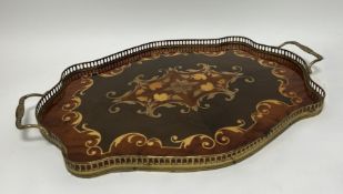A Mid Century Italian Sorrento serving tray with inlaid decoration and brass twin handles and