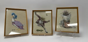 A set of three framed hand-embroidered Beatrix Potter characters of 'Tailor Mouse', ' Mr Toad',