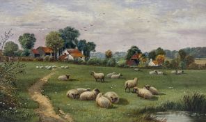 J Morris (19thc School), Farm Sheep in the field near Epping Forest, oil on canvas, in a gilt