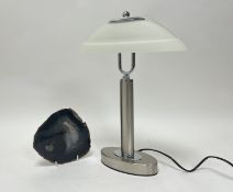 A modern chrome table lamp with mushroom-form frosted glass shade (h. 43cm) (plug removed), together