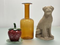 A lidded pot in the form of a strawberry with leaf saucer, a tall amber glass vase (h-30.5cm) and