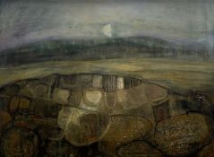 Marjorie Bond (Scottish 1936-2023), Petrogeyph Cairnbarn, oil on board, signed and dated '77
