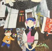 School of Hu Yongkai (Chinese, b.1946), Mother and Son standing outside their house with cat and