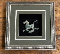 A framed mounted Chinese Tang Dynasty miniature pottery horse. (12.5cmx12cm)