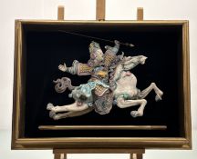 A 19thc/20thc Chinese hand-painted roof tile of a warrior on horse, in a mounted unglazed shadow bow