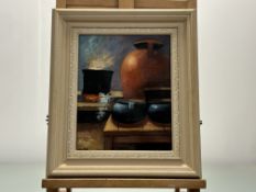 A Contemporary School, Still life of Pots, oil on canvas, signed distinctly bottom left, framed. (