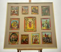 A framed set of early 20thc eleven oleographic prints, each one depicting various Indian scenes. (