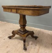 A 19th century rosewood card table, with turn-over top with navy felt to reverse, with carved
