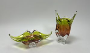 A set of two Joseph Hospodka for Chribska studio glass ornaments/bowls, one elongated (l. 30cm), the