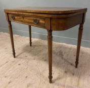 A late 19th century inlaid mahogany fold-over tea table, the D-end top over a frieze drawer,