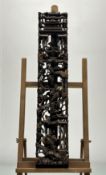 A Chinese carved wooden panel of various fighting warrior scenes (h-73cm) together with a modern