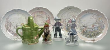A collection of decorative wares comprising a pair of Kunst Porzellan Ilmenau figures one of a