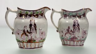 A pair of 19thc pearlware pink lustre and green enamelled jugs moulded with huntsmen and dogs to