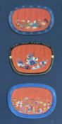 A framed trio of Chinese silk embroidered pouches in coloured threads, one depicting two children
