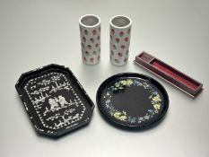 A collection of decorative desk wares comprising, a pair of Chinese tall cylindrical pots decoration