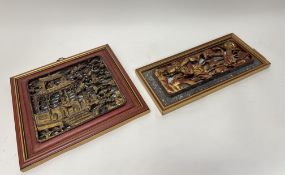 A relief hand carved Chinese wooden wall panel with gilt wooden foliate and bird decoration to