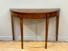 A good quality reproduction mahogany inlaid demi lune table, in the Regency style, with rosewood