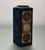 Louise Jinks for Troika Pottery, a tall oblong vase, 1970s, decorated in shades of blue and brown,